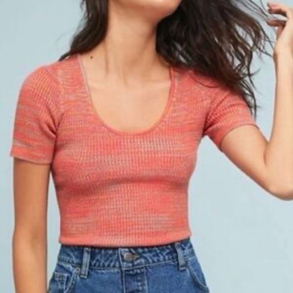 NEW ANTHROPOLOGIE MOTH SHORT SLEEVE RIBBED STRETCH SCOOP NECK COLORFUL SWEATER M